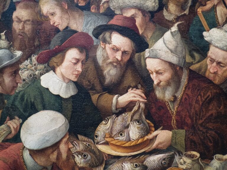 Oil painting of figures gathered around fish and bread on a table