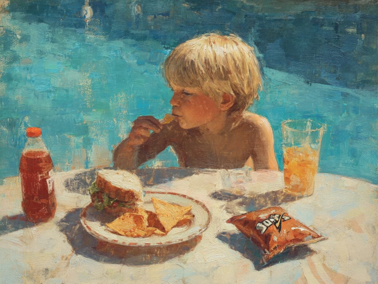 Oil painting of a young child eating at a table with snacks and beverages