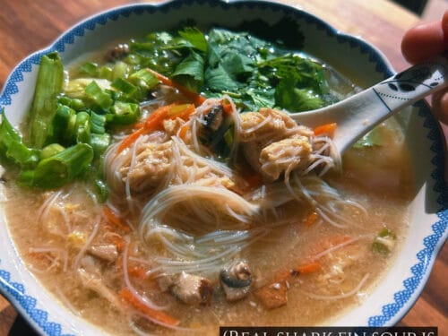 Bowl of soup with thin noodles, shredded meat, green onions, and orange strips in broth, served with spoon