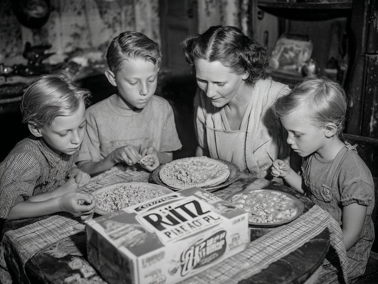 Woman and three children eating from plates at a table with a Ritz box visible