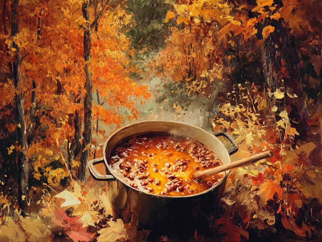 Bowl of red beans and meat stew with wooden spoon, set against autumn foliage painting