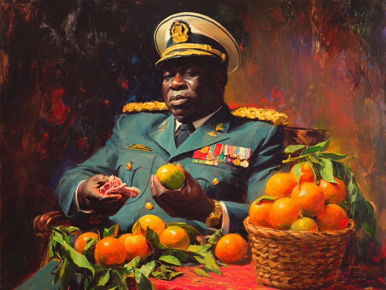 Oil painting of uniformed military officer holding citrus fruit and meat beside basket of oranges
