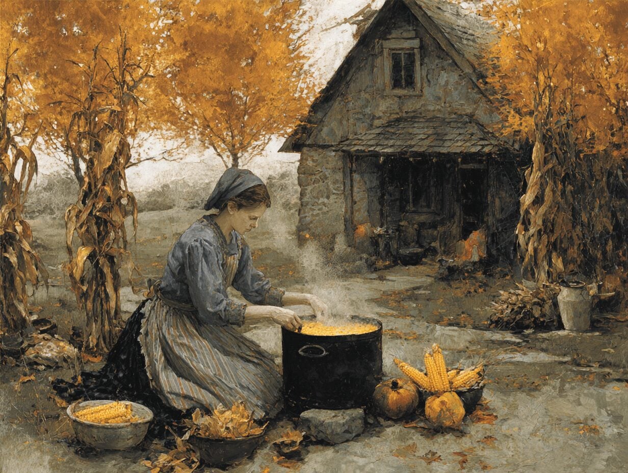Painted figure stirring corn in black pot beside rustic stone house