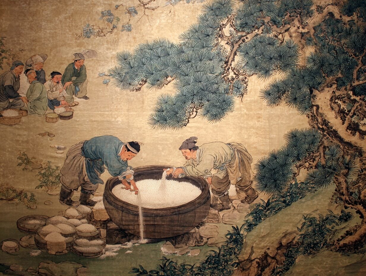 Ink painting showing figures preparing food in a large wooden vat beneath pine trees