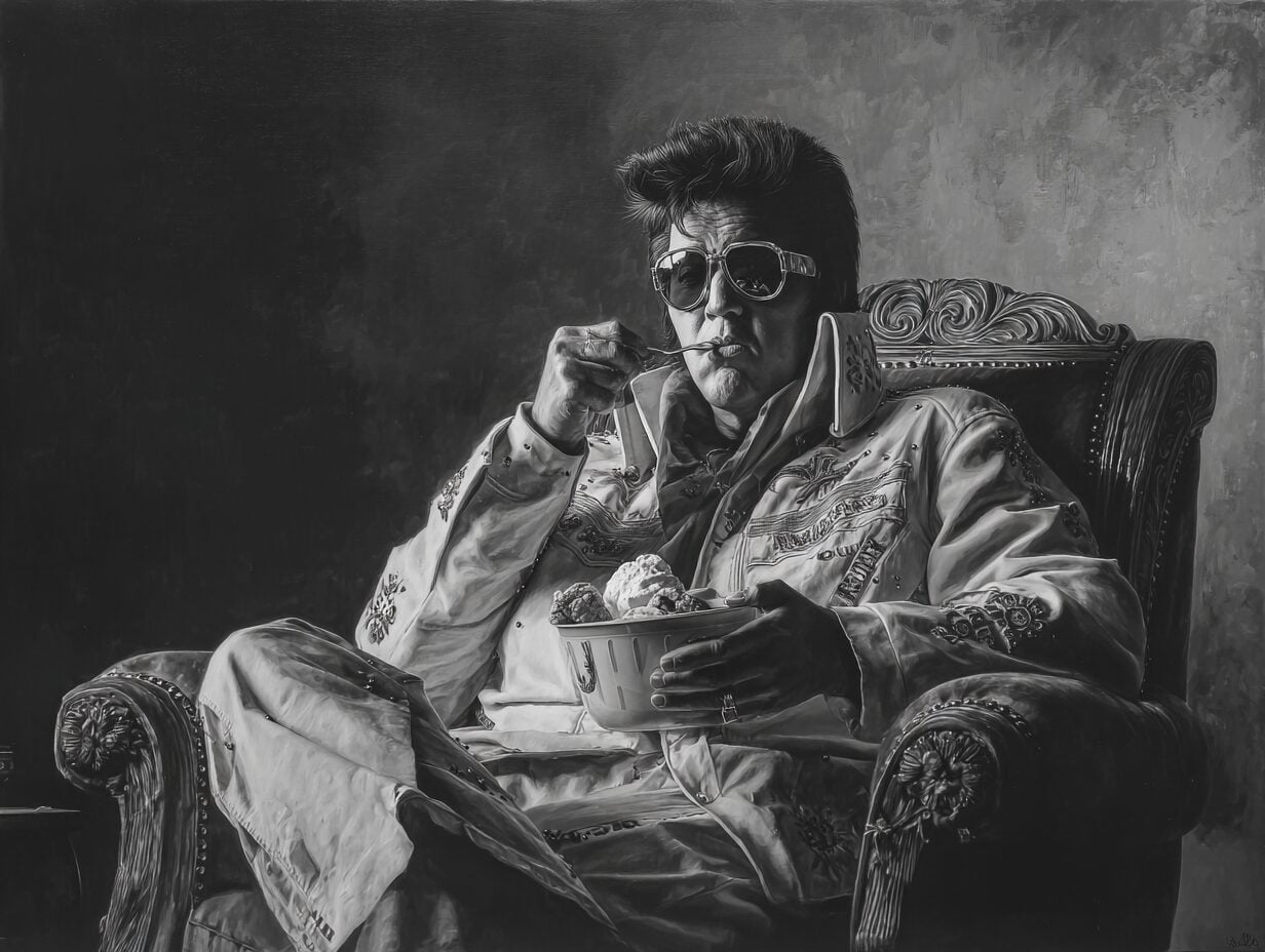 Man in sequined jacket and sunglasses seated in ornate chair, holding bowl of ice cream and cookies