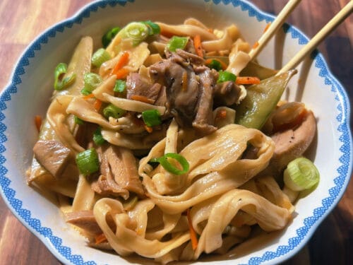 Bowl of wide noodles with sliced meat, green onions, and orange vegetables, chopsticks resting on rim