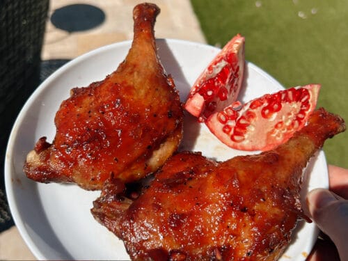 Glossy brown poultry legs and pomegranate wedges on white plate outdoors
