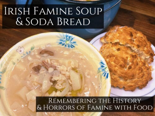 Pale soup with meat and vegetables in decorative bowl, two golden-brown scones on white plate, blue pot behind