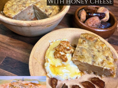 Bread slices with white cheese and honey drizzle, served with dates and nuts on ceramic plate