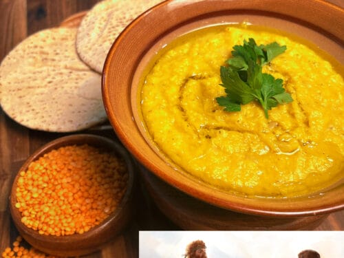 Yellow lentil stew in terracotta bowl with bread and raw red lentils beside it