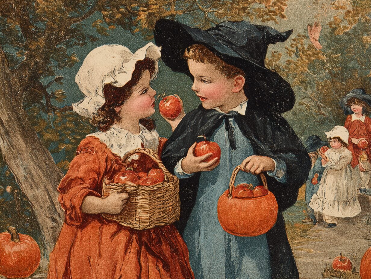 Hand-colored illustration of two children exchanging red apples in a wooded setting