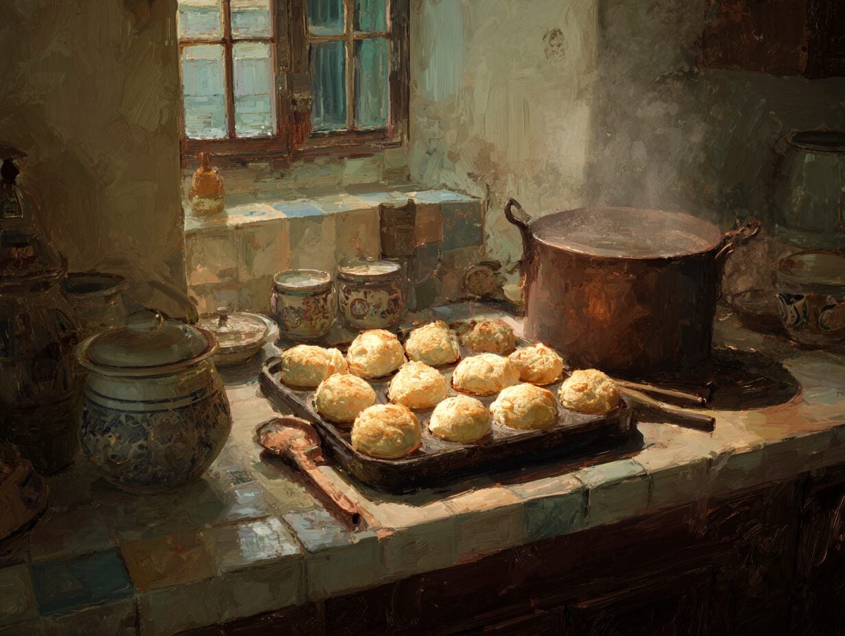Round golden-brown cheese breads on a baking tray in a painted kitchen scene