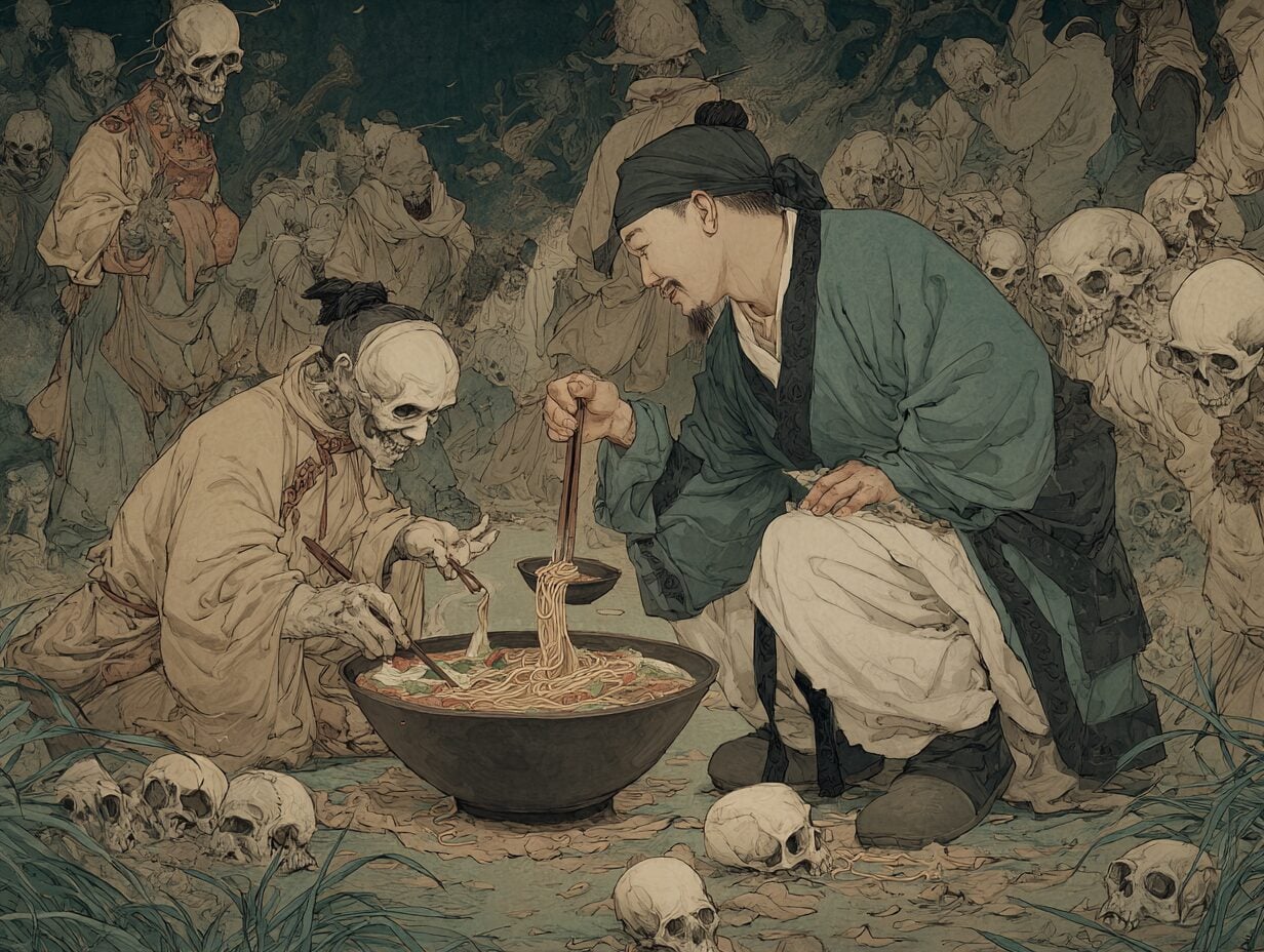 Drawing of two skeletal figures sharing noodles from a bowl surrounded by skulls