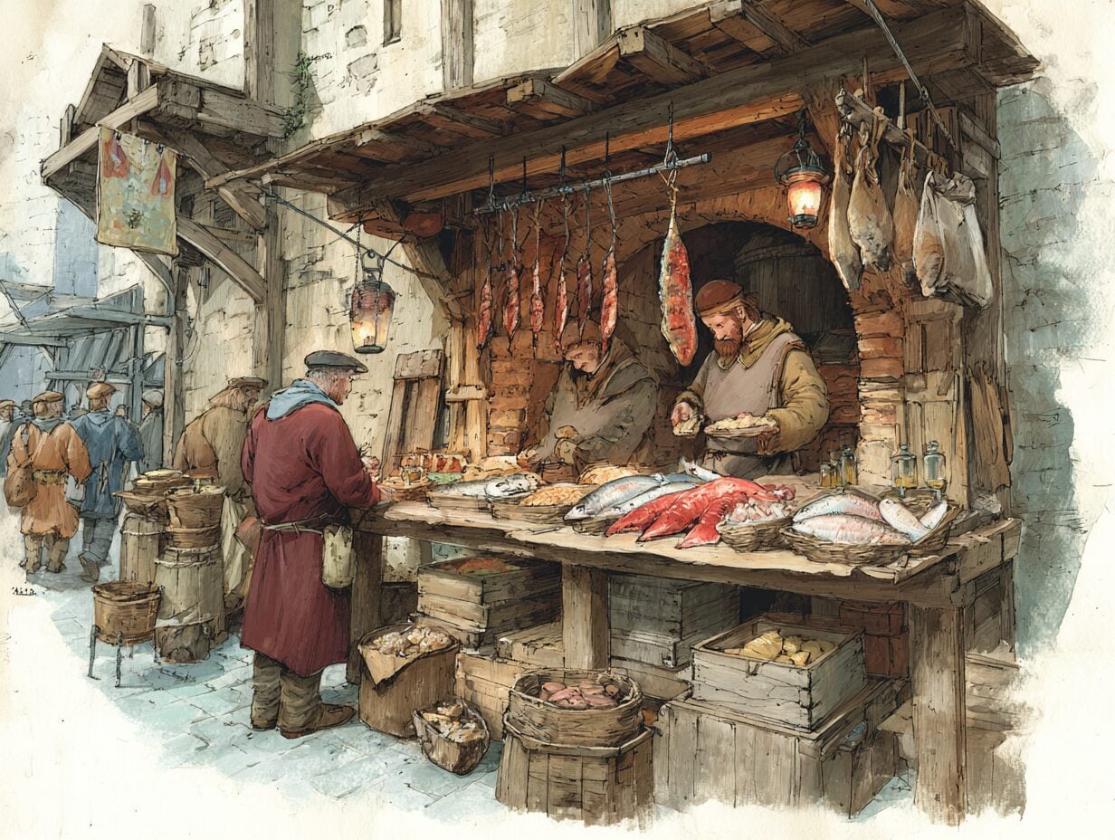 Watercolor illustration of a butcher stall with raw fish and meat displayed on a wooden counter, vendors serving customers in a street market