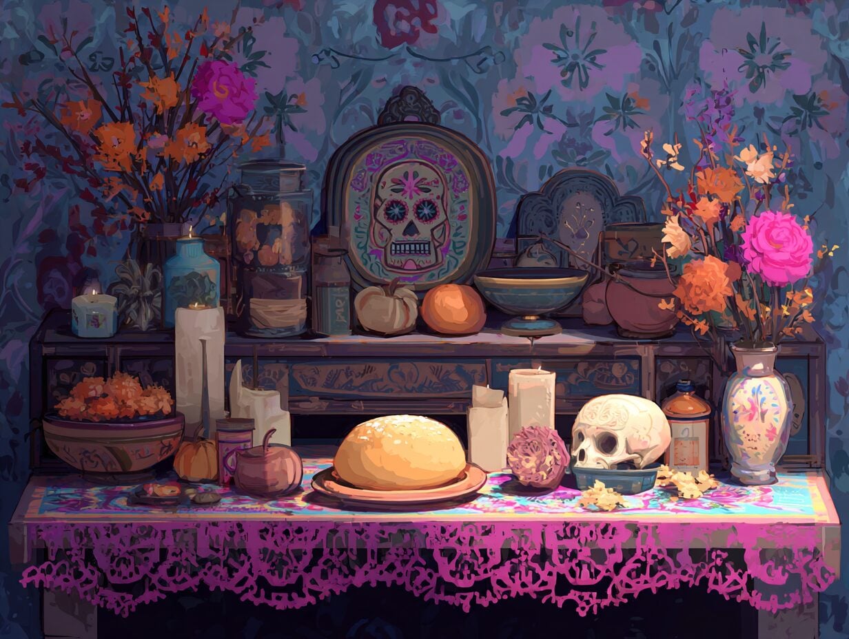 Decorated altar displaying round bread loaf, skull imagery, candles, flowers, and ornamental vessels