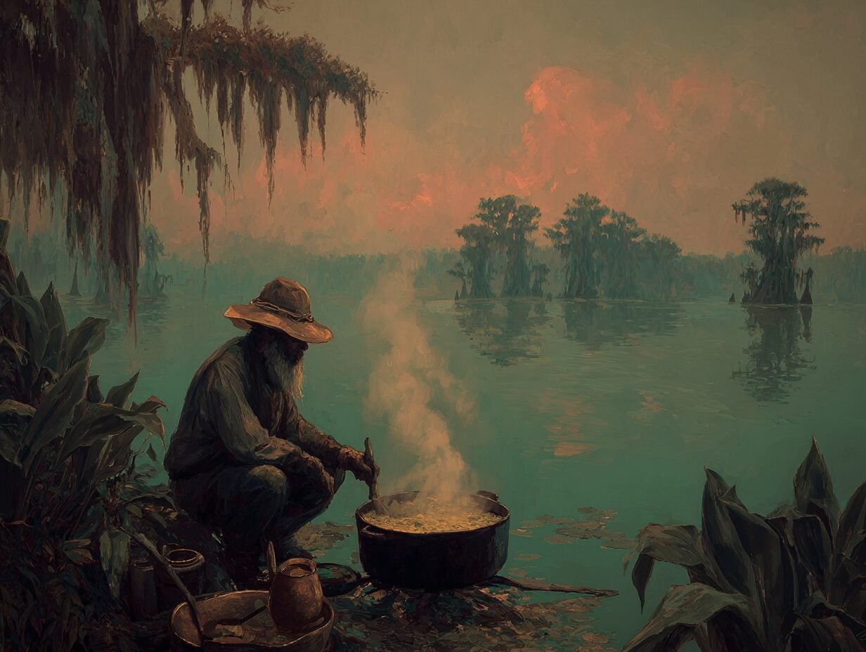 Painting of person cooking in large pot by swampy water with cypress trees