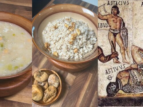 Creamy soup with vegetables in earthenware bowl; pasta with nuts; dried figs in small dish; mosaic showing muscular figures