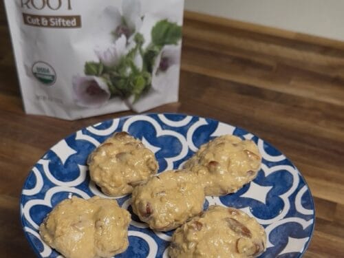 Five tan cookies with dark specks on blue patterned plate beside marshmallow root package