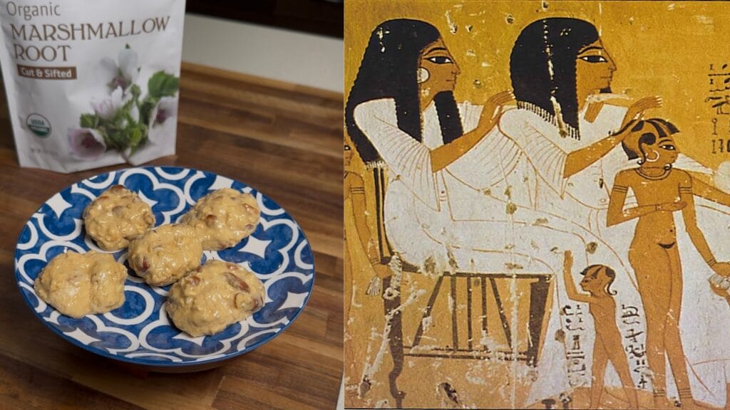 Tan confections on blue patterned plate next to marshmallow root package