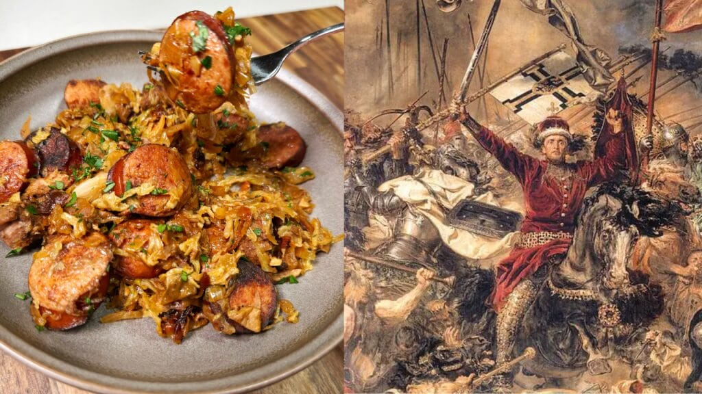 Bowl of braised meat and shredded cabbage with sausage slices and fresh herbs