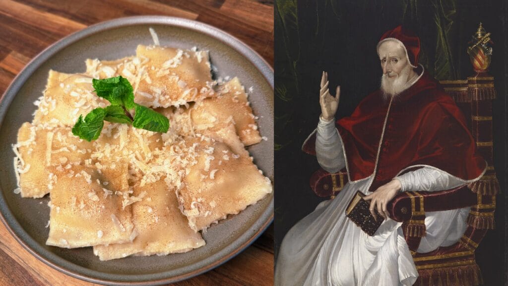 Plated pasta sheets topped with grated cheese and fresh mint leaves