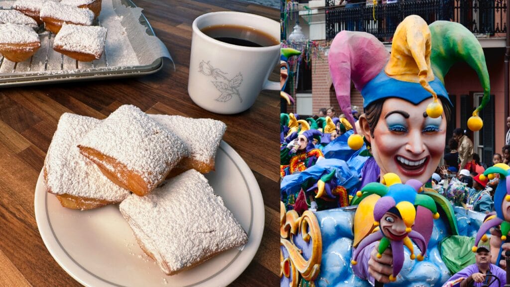 Powdered pastries on a plate with coffee cup, street parade floats in background