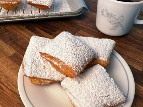 Two rectangular pastries with powdered sugar coating on a plate, coffee cup beside them on wooden table