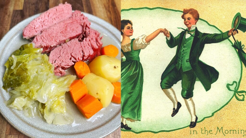 Sliced pink meat, boiled cabbage, and diced potatoes and carrots on a white plate