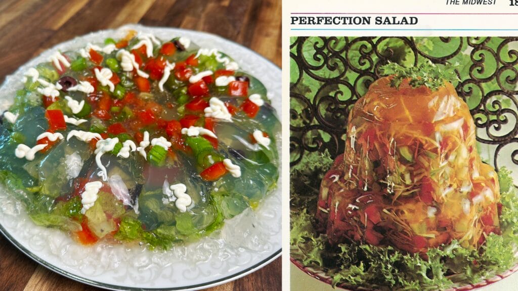 Gelatin salad mold with cabbage, peas, pimentos, and white dollops on white plate