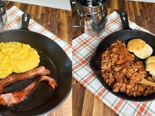 Two cast iron skillets on plaid cloth: left skillet with scrambled eggs and bacon; right skillet with beans, biscuits, and wooden spoon