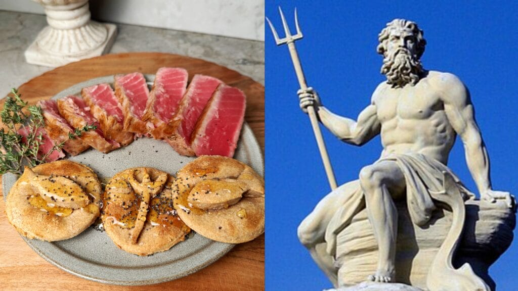 Seared tuna slices and spelt honey cakes on a gray plate with rosemary garnish