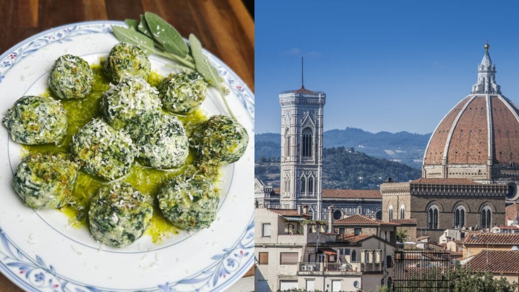 Green dumplings with cheese and herbs in olive oil on decorative plate