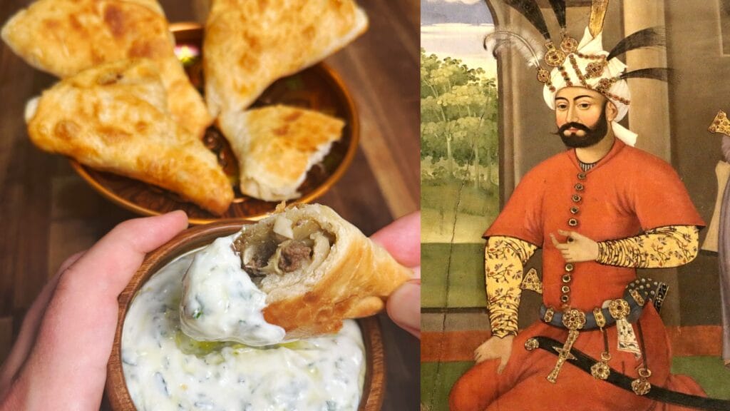 Fried pastry triangles filled with spiced meat, one held open to show filling and yogurt sauce