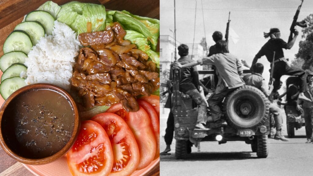 Plate with sliced cucumber, white rice, seared beef strips, lettuce, tomato slices, and dark dipping sauce in wooden bowl