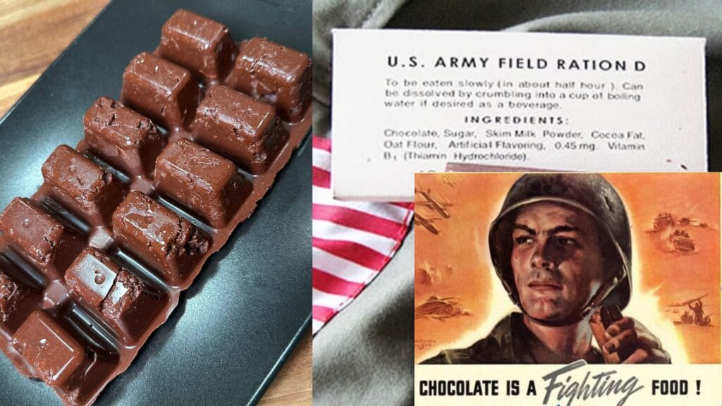 Brown chocolate bars divided into squares on dark plate, with U.S. Army ration packaging and vintage poster visible