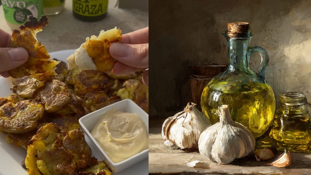 Left: crispy potato wedges with creamy sauce in white bowl. Right: garlic cloves, olive oil bottle, and glass jar.