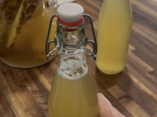Hand holding pale yellow liquid in swing-top bottle with foam at neck, jarred solids visible in background
