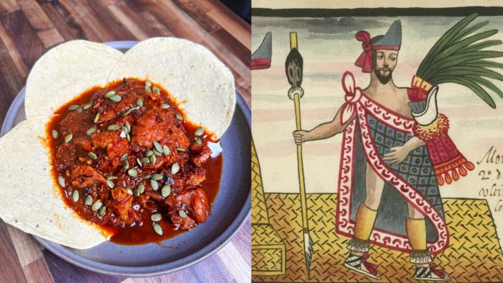Turkey stew in red chile sauce served in a tortilla, beside a manuscript drawing of a ruler
