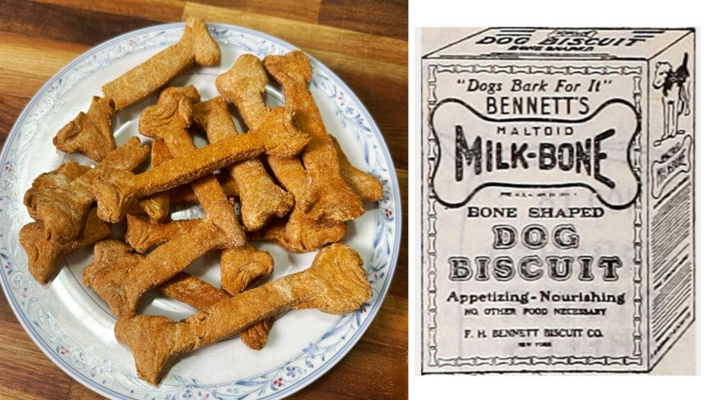 Bone-shaped tan biscuits on decorative plate beside vintage product box