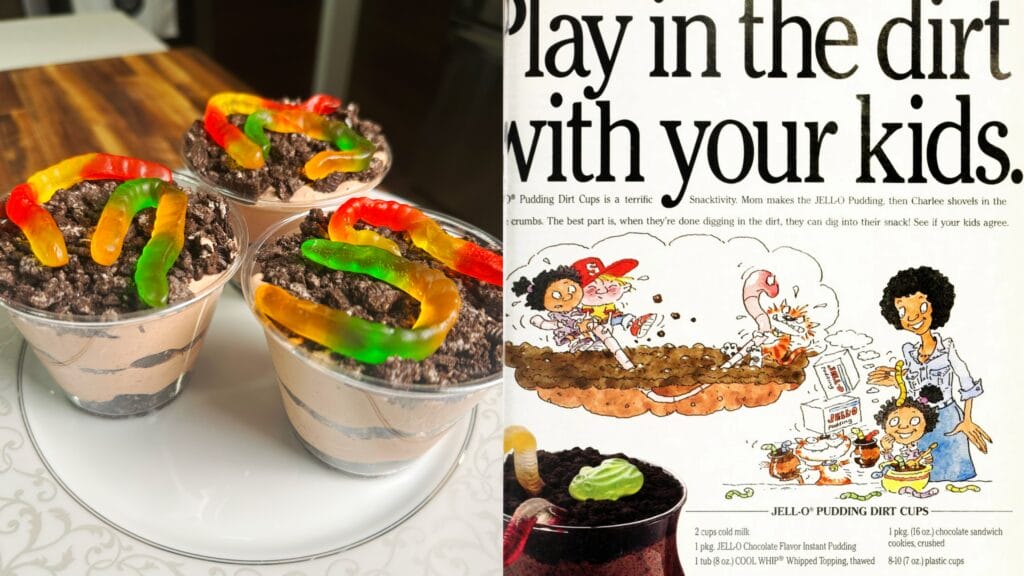 Layered dessert cups with chocolate pudding, cookie crumbs, and gummy worms on top