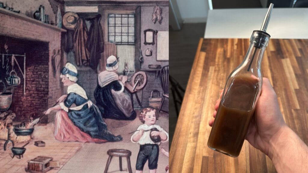 Dark brown liquid in glass bottle with pouring spout, held over wooden surface
