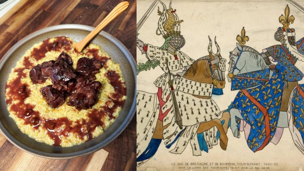 Bowl of pale yellow grain with dark red meat pieces and red sauce, wooden spoon resting inside