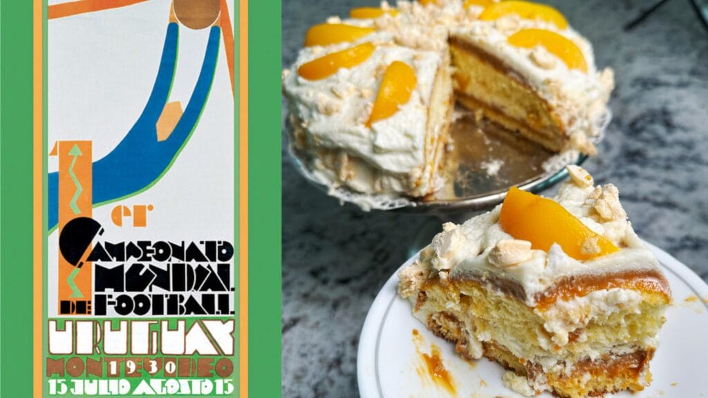 Layered sponge cake with white frosting and peach slices, shown sliced and whole beside a vintage poster.