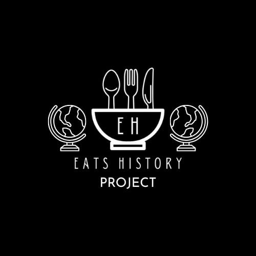 Line-drawn logo with globe icons, bowl, and utensils on black background