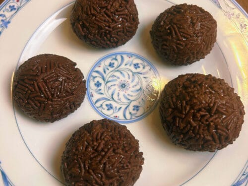 Five dark brown spheres with ridged texture arranged on white plate with blue floral border